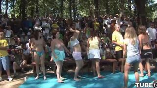 A young girl is having fun in the forest with someone special