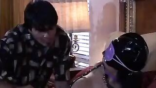 The mistress plays a BDSM game with her man, using her big tits
