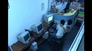 A guy almost fucks a girl in a webcam show in the internet cafe