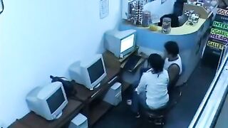 A guy almost fucks a girl in a webcam show in the internet cafe