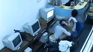 A guy almost fucks a girl in a webcam show in the internet cafe