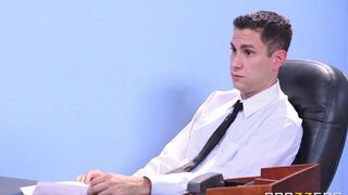 Two girls shared man's cock during an interview, showcasing intense threesome action