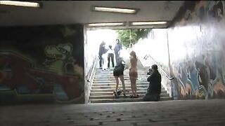 Tied up brunette gets fucked on the street