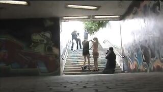 Tied up brunette gets fucked on the street