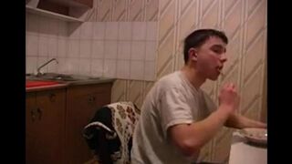 The mother has cancer and the son fucked her in the kitchen