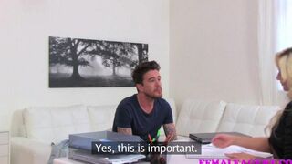 Girl passionately fucks with her guy on the couch in stockings and high heels