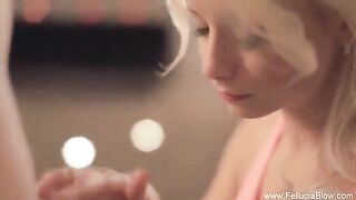 A sexy blonde girl has a blowjob session in the studio