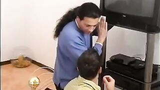 The repairman got paid in kind after fixing the TV set