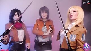 Cosplay lesbian threesome with wet pussies and close-up action
