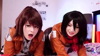 Cosplay lesbian threesome with wet pussies and close-up action