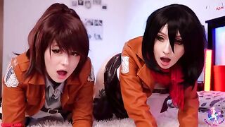 Cosplay lesbian threesome with wet pussies and close-up action