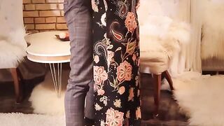 Passionate sex in a long red dress and black stockings, a true fantasy