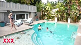 Two students have a steamy encounter by the pool under the night sky
