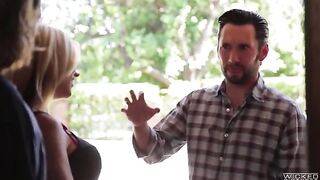 A cute blonde with fake boobs has sex on her cheek in 60fps