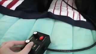 Vibrator brings intense pleasure to the girl with big fake boobs
