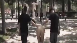 A group of hot guys fuck in public, capturing an intense blowjob scene