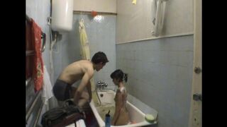 A step-sister is getting fucked in the bathroom by her bro
