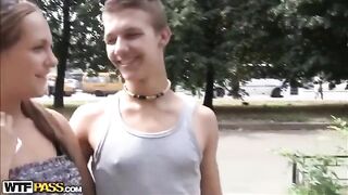 A man, caught by two girls, was forced to lick their pussies