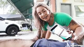 The girl got a squirt from her panties while fucking the mechanic
