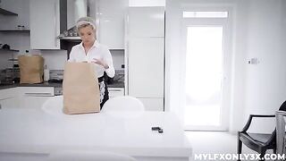 A girl gets horny with the cute maid wearing sexy stockings