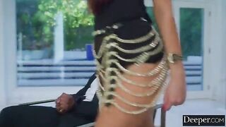 A hot brunette has sex with a security guard in the hallway