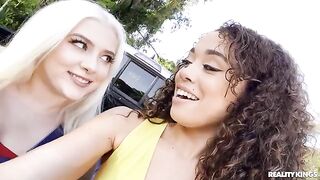 Two young cute girls shared a big black cock in an interracial scene