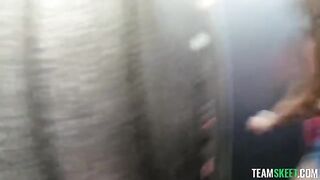 A sexy brunette makes a blowjob while riding, her cock hanging out