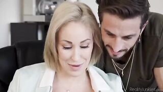 Overworked blonde is jerking off in the office