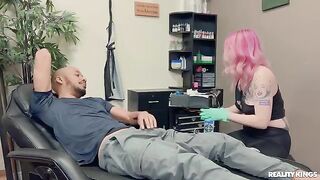 A girl with a tattoo gets fucked by a black guy