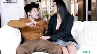 The girl next door is jerking my cock with her skirt on
