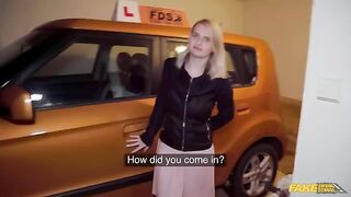 The big dick of the guy is stretching her big tits in the car