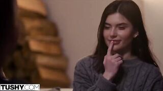 Two cute girls are having fun with a guy, exploring their desires together
