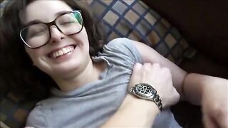 A hot brunette girlfriend waits at home for her boyfriend to return