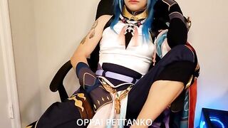 Cosplayer Xiao gets caught by Zhongli for indulging in private moments, showcasing intense Genshin Impact passion