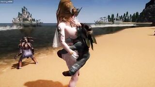 A goddess gets captured by goblins on the beach in this animated scene