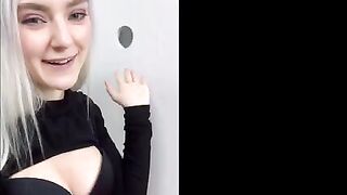 Babe gets a huge cumshot on her face through the glory hole