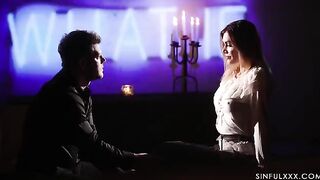The couple has a gentle and romantic sex in a hotel room