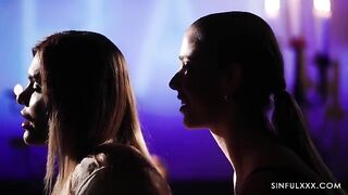 The couple has a gentle and romantic sex in a hotel room