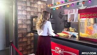 It was predictable - a student got fucked in the cinema by two whores