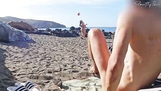 Two girls almost got caught jerking off on the beach