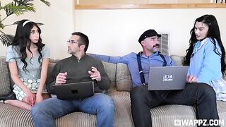 A group of cute girls gave the dad a stunning surprise on the couch