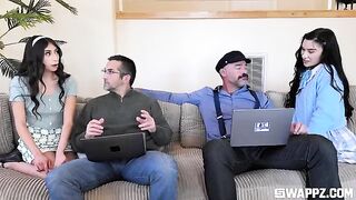 A group of cute girls gave the dad a stunning surprise on the couch