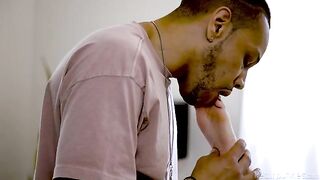 Blonde mistress serves her black master with a tongue lash