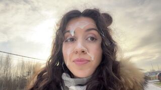 A man walked outside with a cumshot on his face in this bold video