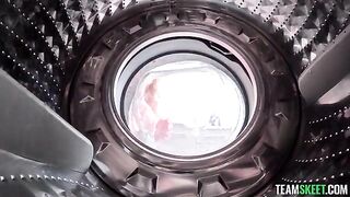 A cute girl got a vibration from the washing machine and had sex