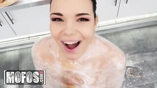 Hot brunette Sofia Lee with huge natural tits adds spice to the kitchen