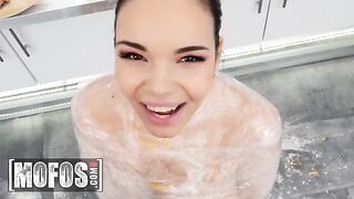 Hot brunette Sofia Lee with huge natural tits adds spice to the kitchen