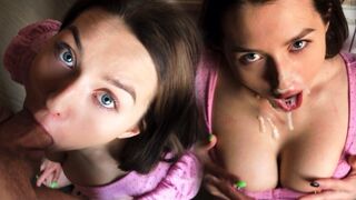 A cute girl with big natural tits fucks her head with a guy’s cock