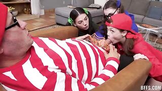 The guy is having a great time with girls on the couch