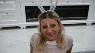 Horny college girl gets a huge facial after Halloween party